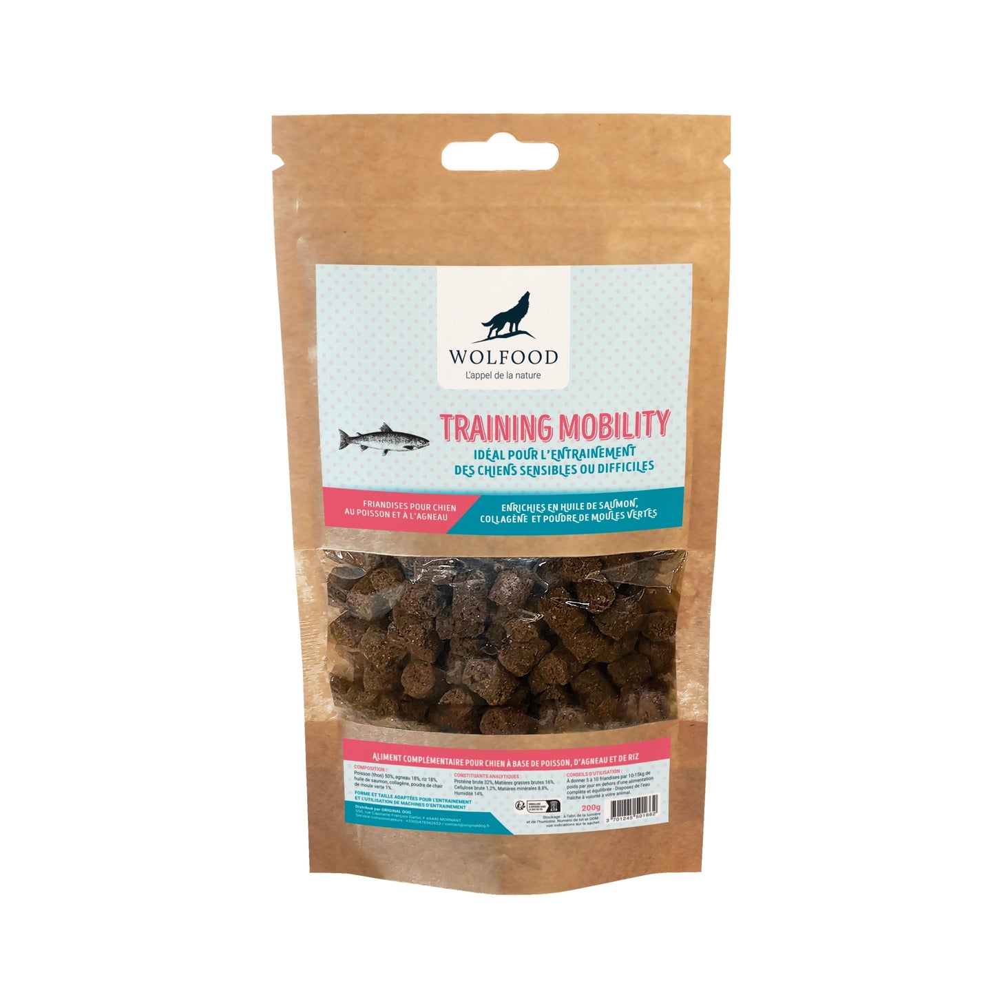 WOLFOOD TRAINING MOBILITY. Friandises d'entraînement au poisson, agneau et riz